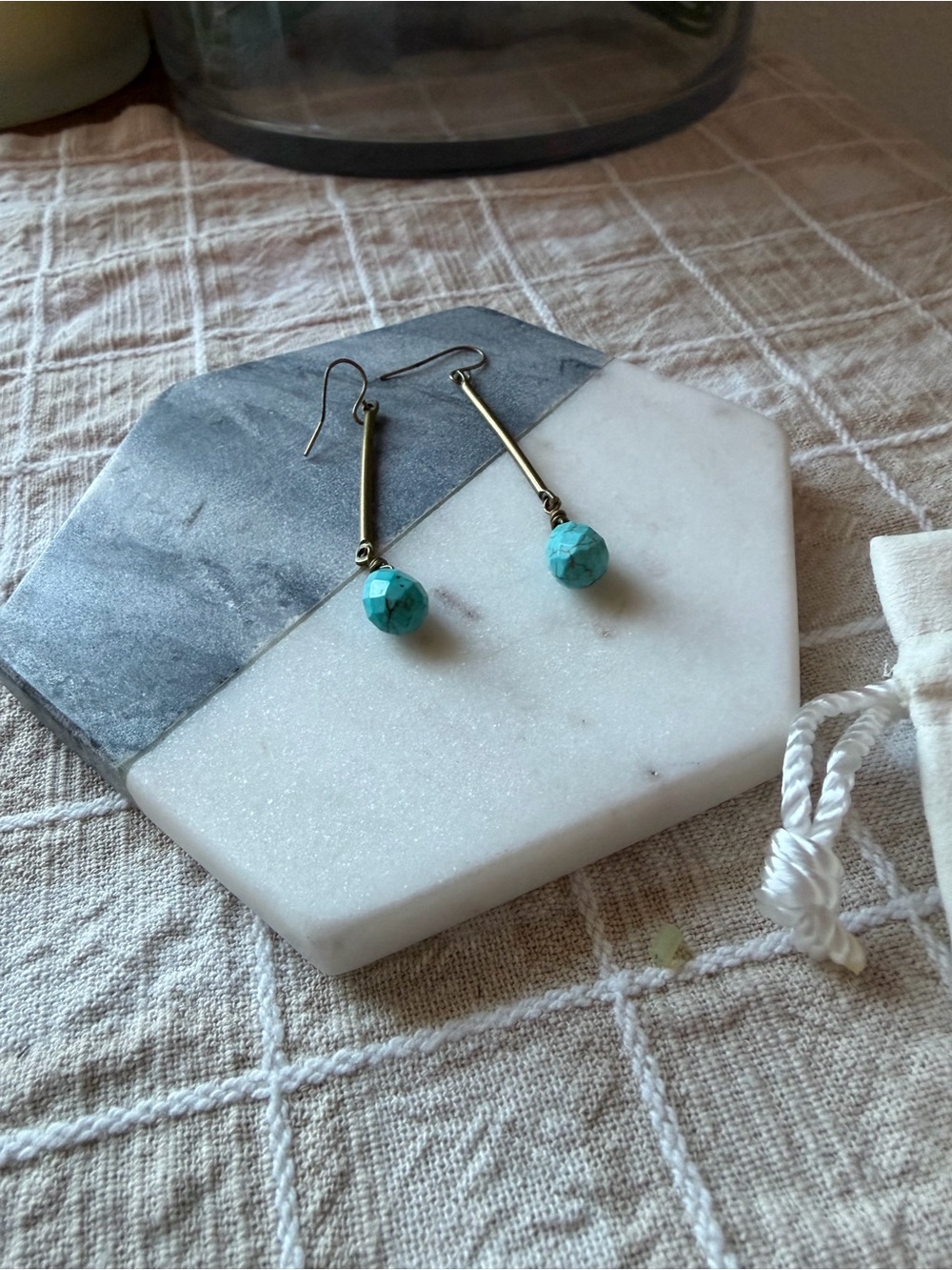 Turquoise Drop Bar Earrings - Brass Accent